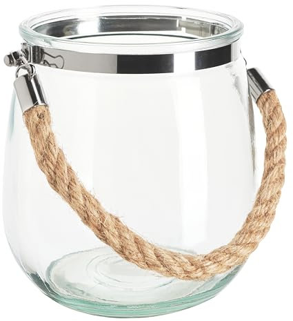 VBS Photophore en verre avec cordelette, env. H 14 cm, Lanternes décoratives pour le jardin, la terrasse, l'intérieur