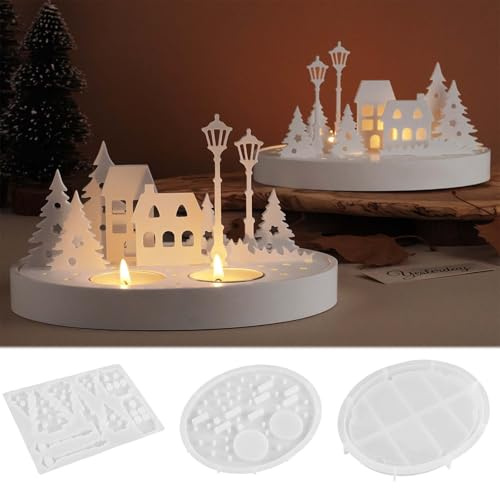 3 moldes de silicona para casas, árboles, WISIRENT, moldes de silicona, portavelas, casas, farolas, molde de silicona, molde de silicona, para casa, Pascua, con ventana para yeso
