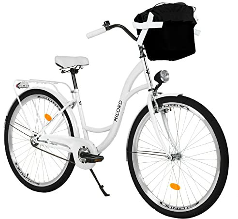 MILORD Damenfahrrad Citybike Komfort Mit Metallkorb Vintage Fahrrad, 26, 28 Zoll, 1-Gang (Weiss, 26 Zoll)
