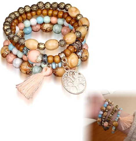 RTRTGS 4 Stück Boho Holzperlen Armband, Boho Quaste Armband für Damen, indianer schmuck, Frauen Baum des Lebens Charm Statement Armreifen, Kristall Perle