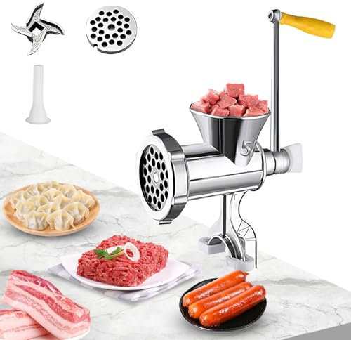Picadora manual, picadora de carne manual de acero inoxidable y máquina de embutidos con 1 cabezal de cuchillo, plato de carne y tubo de enema, picadora de carne para carne y verduras (pequeño)