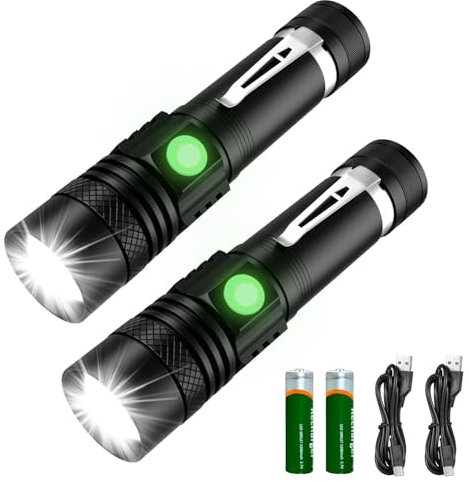 2PCS LED Torch Rechargeable,1400L Super Bright Adjustable Focus Flashlight,Waterproof Pocket Torch IPX6 Rated,Long Battery Life,4 Modes for Camping,Ultra-Bright Torches LED Super Bright