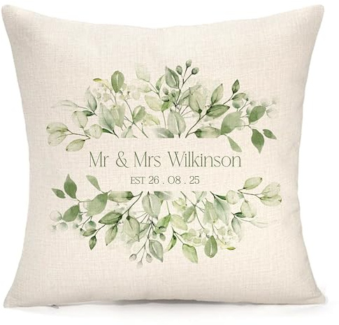 Stamford Design Studio Personalised Leaves Cushion, Birthday, Wedding, Anniversary | Lovely Gift | Couple Cushion | Customised With Any Names & Date | Present, Pillow/Cushion