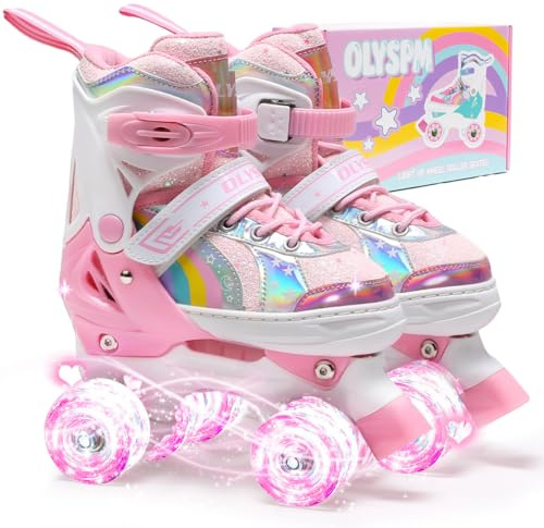 OLYSPM Kids Roller Skates for Girls Boys Pro 4-Size Adjustable, Roller boots With 8 Light Up Wheels, Beginner safe Children's Quad Skates - Ideal Christmas Birthday Gift(Baby Pink,S)