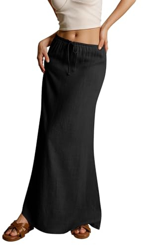 Générique Jupe Longue Femme Été Bohème Coton Lin Plage Vacances Jupes Ankle Maxi Taille Haute Elastique Robe Longue Mi-Corps