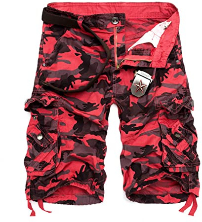 Snabbtorkande cargoshorts män, kamouflageshorts plusstorlek säckiga arbetsbyxor lätta sommar kamouflage cargobyxor knälång löpning kort med fickor utomhus arbetskläder, Röd, 42
