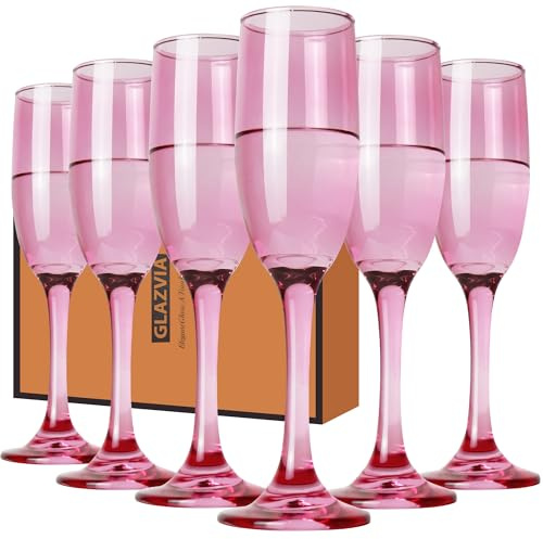 GLAZVIA Champagne Flutes Glasses Set of 6-6oz Elegant Pink Glass, Unique Pink Colored Long Stem Champagne Flute Gift for Wedding, Anniversaries, Parties, Birthday, Restaurant, Home Bar