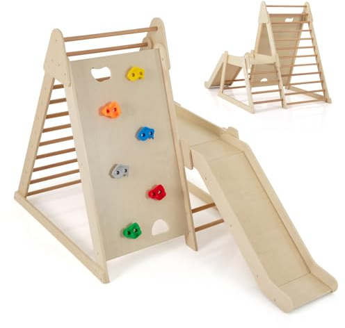 HOMASIS 3 en 1 Estructura de Escalada Interiores para Niños, Parque Infantil con Tobogán, Gimnasio de Madera para Niños a Partir de 3 Años, 105 × 176,5 × 122,5 cm