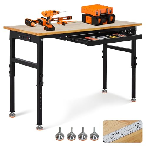 60 Adjustable Workbench with Drawer, 2000 LBS Heavy Duty Work Bench with Power Outlet and Fixed Legs, Sturdy Steel Frame with Rubber Wood Top, Work Table for Garage, Office, Home, Commercial