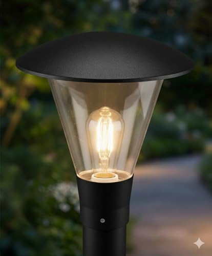 Lampione Testa Palo Ø 60mm Made in Italy, Attacco E27 IP65, Anti-Corrosione Ideale per Zone di Mare, Lanterna da Giardino in Policarbonato, Nero/Trasparente (Lampadina Esclusa)