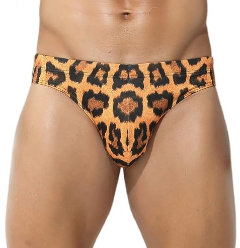 Ausing Men's Swim Brief Bikini Swimwear Leopard Print Quick Dry Swimsuit Surf Swimming Brief with Drawstring EU L(Tag XL) Gold