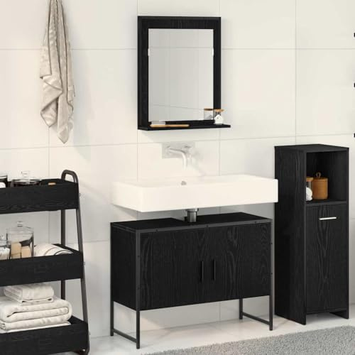 Yunovire Badrumsmöbler set svart med tvättställ 80 x 33 x 60 cm och spegel 50 x 60 cm väggmontering förvaringsutrymme för gäster toalett och tvättrum