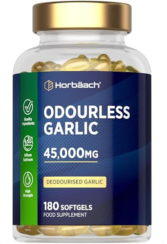 Odourless Garlic Capsules 45,000mg | 180 Softgels | High Strength Deodorised Garlic Oil Extract | by Horbaach