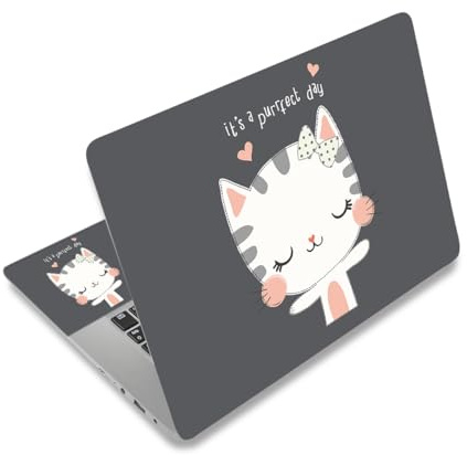 Autocollant en vinyle pour ordinateur portable 12, 13, 13,3, 14, 15, 15,4, 15,6 étanche et amovible avec 2 repose-poignets Motif chat mignon