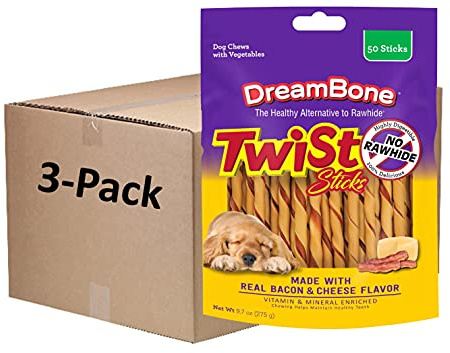 Dreambone Twist Sticks with Real Bacon and Cheese Flavor 50 Count, Rawhide-Free Chews for Dogs (3 Pack)