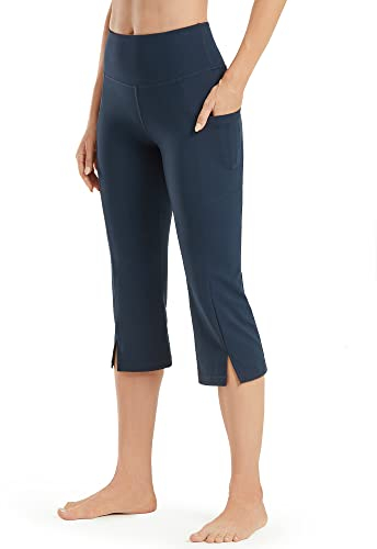 Promover Yogahose Damen 3/4 mit Taschen Caprihose Activewear Hosen Bootleg Schlaghose Bootcut Sporthose Hohe Taille Flare Hose Sommer Fitness Jazzpants