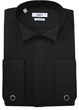 Xact Chemise de Smoking Formelle pour Hommes avec Poignets Doubles - Boutons de Manchette Inclus (Black - Wing Collar - Pleated Fly Front) 37