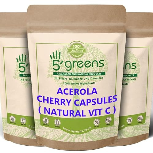 Acerola Cherry Extract Capsules Natural Vitamin C - Pure 100% Natural and Highly Absorbable Source of VIT C – Manufactured by 5greens in The UK (90 Capsules)