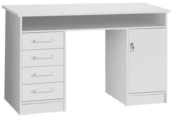 Forte NET106 Weißer Schreibtisch 120 130, Funktionaler Schreibtisch mit 4 Schubladen und 1 Tür, Home Office, Büro, Computertisch, Holzwerkstoff, Weiß, 126 cm breit x 75,8 cm hoch x 55 cm tief