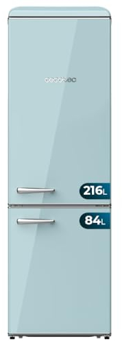 Cecotec Frigorífico Retro Combi de 300L Bolero CoolMarket Combi Origin 300 Blue E, Clase E, LED interior, Crisper Box, control de temperatura, tirador cromado y bandejas de cristal.