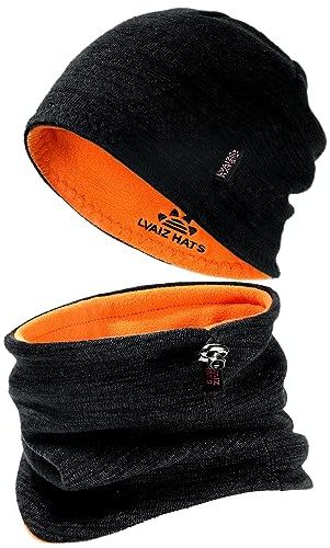 Winter Beanie Hat Scarf for Men Women Knit Thick Fleece Lined Warm Windproof Ski Skull Cap Neck Warmer Gaiter Face Scarf Set, Black+Orange, One Size