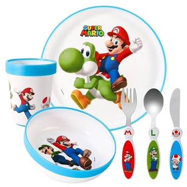 Super Mario Kids 6 Piece Reusable Dinner Set - Cup, Bowl, Plate & Cutlery