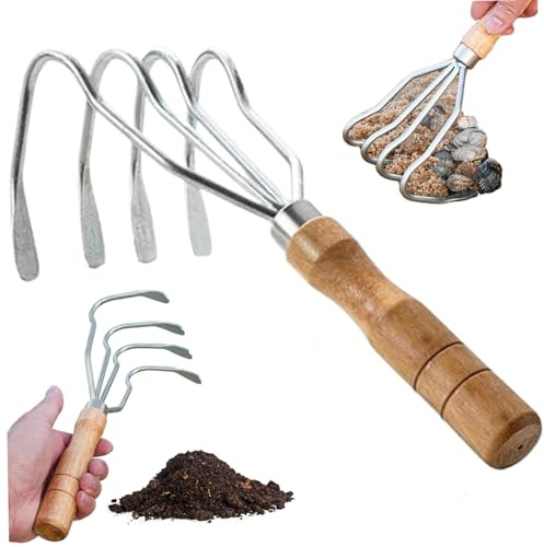 Râteau à palourdes Râteau à palourdes en acier à 4 dents Râteau à main antidérapant avec manche en bois Râteau à palourdes polyvalent robuste pour la palourde, le jardinage et plus encore Râteau à pal