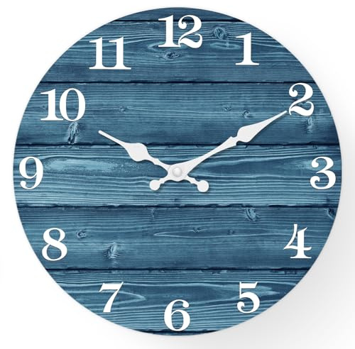 XFM 12 Inch Blue Wall Clocks for Kitchen Living Room Decor Silent Wooden Wall Clock Battery Operated Decorative Farmhouse Clock