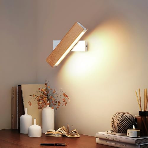 SENQIU Apliques de Pared Interior, 4W Lámpara de Pared LED Modernas de Madera, Giratorio 350 ° Iluminación, Aplique LED Interior para Dormitorio Sala de Estar Lectura Pasillo, 3000K Blanco Cálido