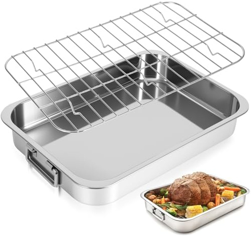 Stainless Steel Roasting Tray with Rack 33x23x5cm – Durable Oven Baking Pan for Meat, Vegetables & Cooking, Large Roasting Tin with Draining Grill, Bakeware Dish