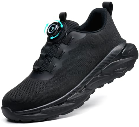 BAGHUY Steel Toe Cap Trainers Work Safety Trainers Mens Womens Lightweight Safety Shoes Comfortable Industrial Work Boots Steel Toe Cap Shoes with Swivel Buckle Shoelaces，Black,UK 4