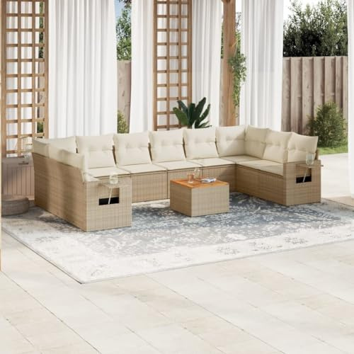 QZZCED Set di divani da giardino con tavolino pieghevole in rattan PE resistente e cuscini lavabili per terrazza o patio, mobili esterni modulari e superficie in legno di acacia