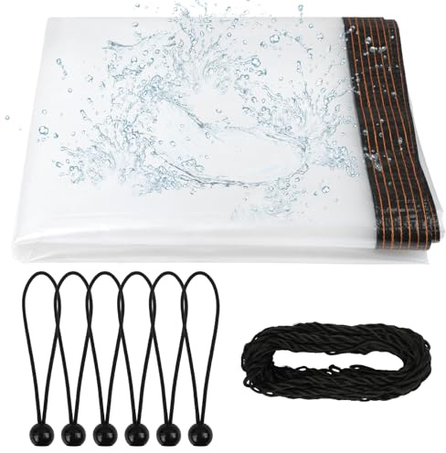 Transparent Tarpaulin 2x2m, PE Clear Tarp with Eyelets Waterproof Heavy Duty Windproof Tear Resistant, 5m Rope and 5 Bungees Ball Cords for Garden Gazebo Pergola Greenhouse Outdoor