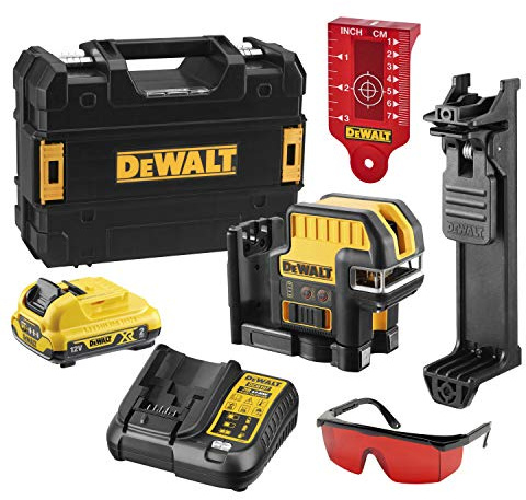 DEWALT DCE0825D1R-QW - Láser autonivelante de 2 líneas en cruz (Horizontal y vertical) y 5 puntos - Incluye batería DW 10,8V Litio - ROJO