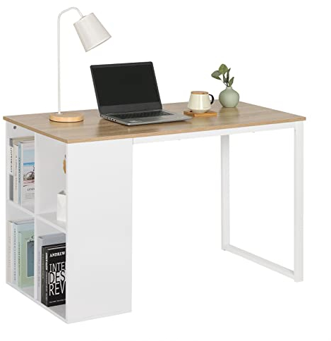 WOLTU Schreibtisch mit Stauraum & 4 Ablagefächer, Computertisch Homeoffice, 120x60x75 cm, Bürotisch fürs Arbeitszimmer Schlafzimmer, Weiß+Hell Eiche