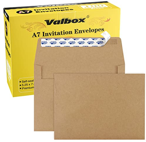 ValBox 5x7 Envelopes for Invitation 100 Qty A7 Envelopes Self Seal Brown, Kraft Paper Envelope for 5x7 Cards, Weddings, Baby Shower, Stationery, Office, 5.25 x 7.25 Inches