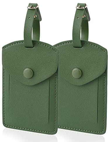 Kevancho Leather Luggage Tags for Men Women, Suitcase Labels Baggage Bag Tag ID Tags with Full Back Privacy Cover for Cruise Ships, Travel Accessories Tags Set of 2 PCS (Green)