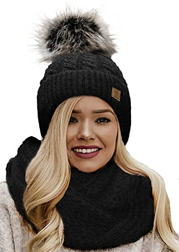 4sold Dam vinter ribbad handgjord stickad mössa & halsduk mohair ull mössa med tjock fuskpäls tofs pom pom inuti mysig fleecefoder
