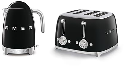 Smeg KLF04BLUK Jug Kettle with 7 Temperature Settings , 3KW, 1.7L & TSF03BLUK 4 Slice Toaster, Extra Wide Slots, Black