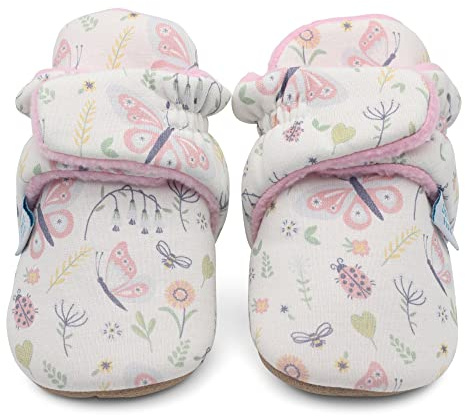 Dotty Fish Cotton Baby Booties, Fleece Lined Slippers - Floral 12-18m