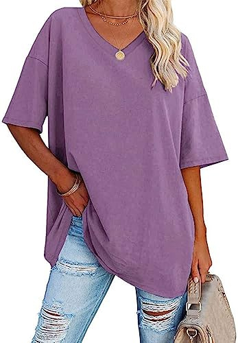 WINKEEY Maglietta da Donna Oversize Estiva a Manica Corta con Scollo a V Allentata t Shirt Basic Tee, Viola XXL