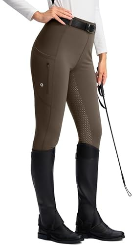 SANTINY Women's Horse Riding Pants Zipper Pockets Silicone Full-Seat Breeches Equestrian Schooling Tights for Women (Brown_S)