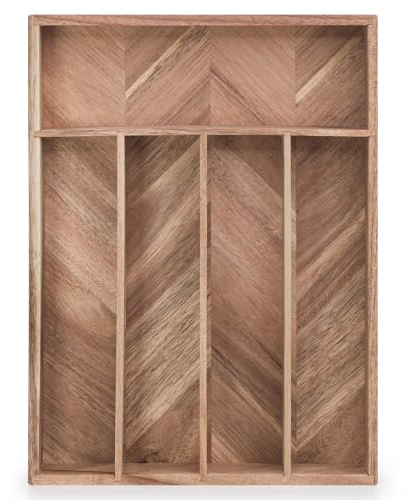 woodluv Cutlery Drawer Organiser, Expandable Utensil Tray for Kitchen, Adjustable Compartment Holds Kitchen Utensils Office Supplies, Storage for Cutlery, Acacia Wood