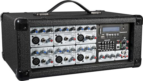 Soundlab Amplificador mezclador de música alimentado de 120 W con 6 canales y reproductor multimedia gráfico y efectos