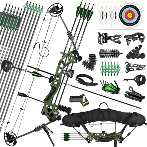 ZSHJGJR Compoundbogen Set Erwachsene 25-60 lbs Bogenschießen Bogen Jagd Jagdbogen Sportbogen Pfeil und Bogen Set mit Zubehör Compoundbogen für Rechtshand Linkshand (Wildnis-Grün, Rechtshänder)