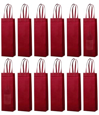 12 st vinpåse med en flaska, presentpåse för vin i fiberduk, flaskpåsar med handtag, vinpåsar för jul, bröllop, fest, födelsedag (vinröd)