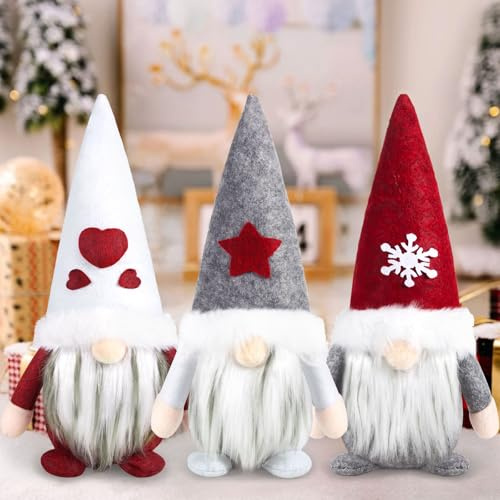 MWZEAUL Gnomi Natalizi, Set di 3 Decorazioni Natalizie, Gnomi di Natale Peluche Handmade, con Cappello di Natale a Punta, Barba di Peluche, Gnomo Natalizio Elfi per Casa, Tavolo, Camino