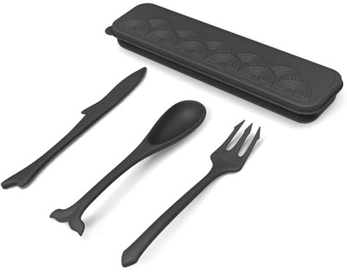 Travel Cutlery Set with Case, Fish Shaped Plastic Cutlery, Reusable Camping Cutlery Set for 1, Reusable Plastic Forks and Spoons Sets for Kids Adults Picnic Outdoor Use (Black)