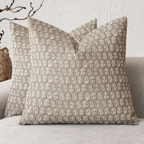 Foindtower Set of 2 Decorative Vintage Floral Print Throw Pillow Covers Neutral Modern Farmhouse Cushion Covers Boho Home Decor for Sofa Chair Couch Bedroom Living Room,18×18 Inch,Tan Taupe