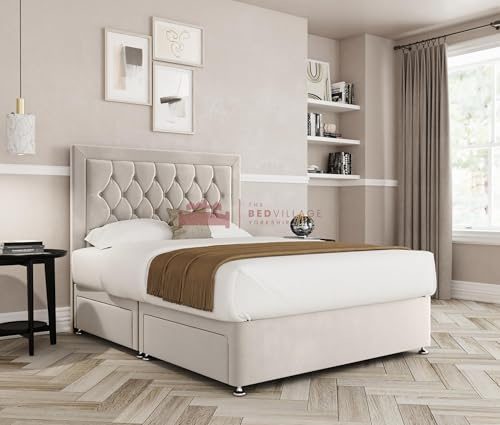THE BED VILLAGE YORKSHIRE Edinburgh King (5ft) Divan Bed with Mattress, Headboard & 2 Drawers Foot End | Cream Plush Fabric | Premium British Timber | Sustainable Handcrafted Design